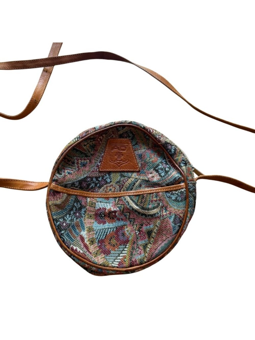 Vintage AD Firenze Round Tapestry Crossbody Bag Made In Italy Leather Trim Purse